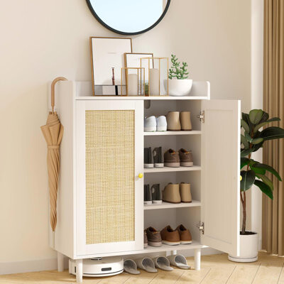 Shoe Cabinet - Rattan Shoe Cabinet For Entryway, Shoe Storage Cabinet With Adjustable Shelves, Farmhouse Freestanding Wood Shoe Rack Organizer For Clo