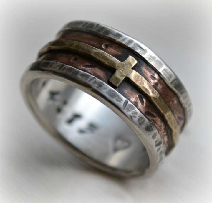 Etsy Mens Wedding Band - Rustic Fine Silver Copper & Brass Cross Handmade Artisan Designed Wide Ring Manly Christian Customized