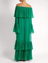 Thumbnail for your product : By. Bonnie Young - Off The Shoulder Tiered Silk Chiffon Gown - Womens - Green