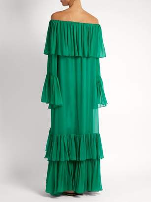 By. Bonnie Young - Off The Shoulder Tiered Silk Chiffon Gown - Womens - Green