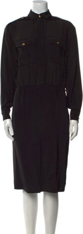 Celine Silk Shirtdress Black Long Sleeve with Collar Button Closure at Front Designer