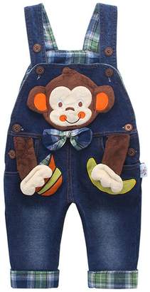 Kidscool Baby Cotton 3D Cartoon Monkey Buttons Bow Denim Overalls