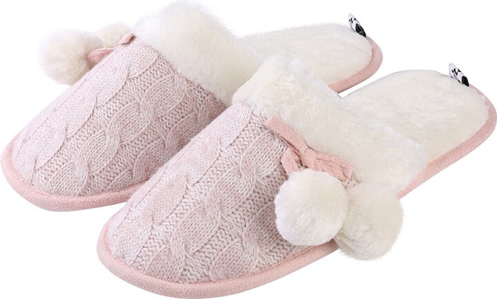 Soft Comfy Woven Non-Slip Indoor Cozy Pom Knit Relaxing Slippers