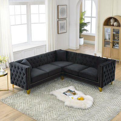 House of Hampton 82.2-Inch Velvet Corner Sofa , L-Shaped Sectional Couch, 5-Seater Corner Sofas With 3 Cushions For Living Room, Bedroom, Apartment, Office