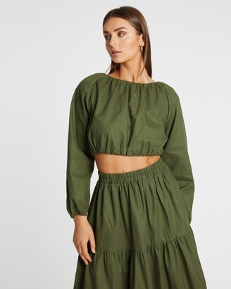 Atmos & Here Atmos&Here - Women's Green Cropped tops - Kelva Linen Puff Sleeve Top - Size 12 at The Iconic