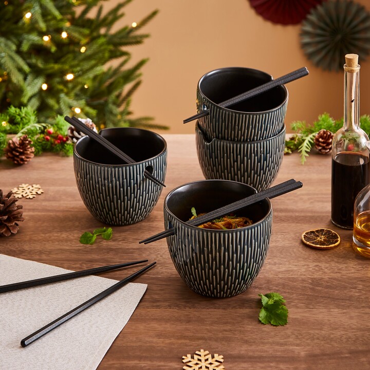 Dunelm Set of 4 Black & White Noodle Bowls, Including Chopsticks Black