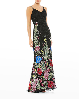 Mac Duggal Floral Beaded V-Neck Column Gown
