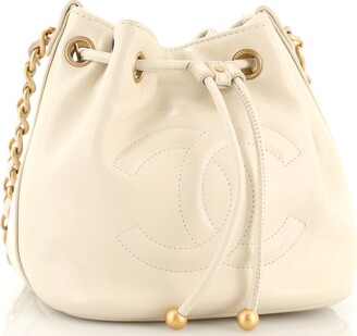 Chanel Quilted Small Drawstring Bucket Bag White Calfskin Gold Hardware