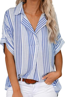 Womens Casual Short Sleeve Tunic Tops Color Block Criss Cross T-Shirts V-Neck Tie Knot Front Loose Blouses Tee