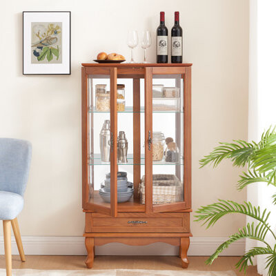 Stunning Lighted Cabinet - 2 Doors, 1 Drawer, Adjustable Glass Shelves, Oak Oak Wood Curio With Lighting Shelves