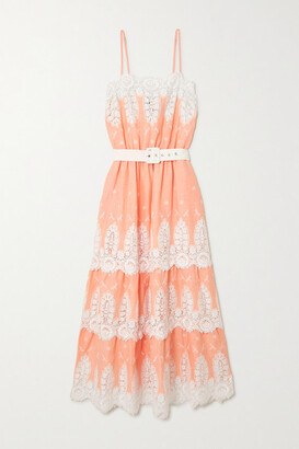 Miguelina Fatema Belted Crocheted Cotton And Linen Midi Dress - Coral