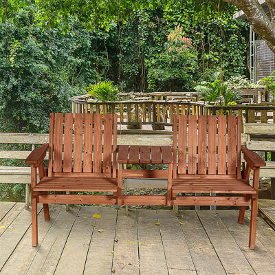 Patio Bench, Garden Bench With Middle Table And Umbrella Hole, Wooden Outdoor Bench For Patio, Porch, Poolside, Balcony