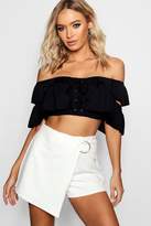 Thumbnail for your product : boohoo Bardot Ruffle Detail Lace Up Crop Top