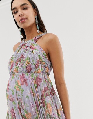 ASOS DESIGN Maternity pleated high neck midi dress in summer floral print