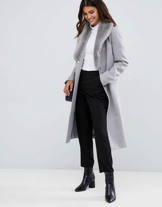 ASOS Design DESIGN detachable faux fur collar coat with tie belt