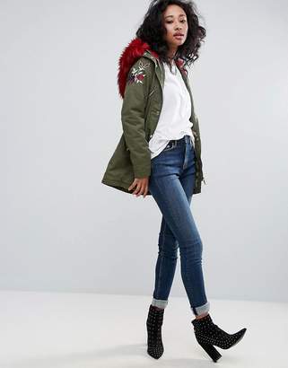 Urban Bliss Embroidered Parka Coat With Contrast Faux Fur