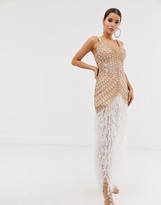 asos edition embellished showgirl midi dress with faux feathers