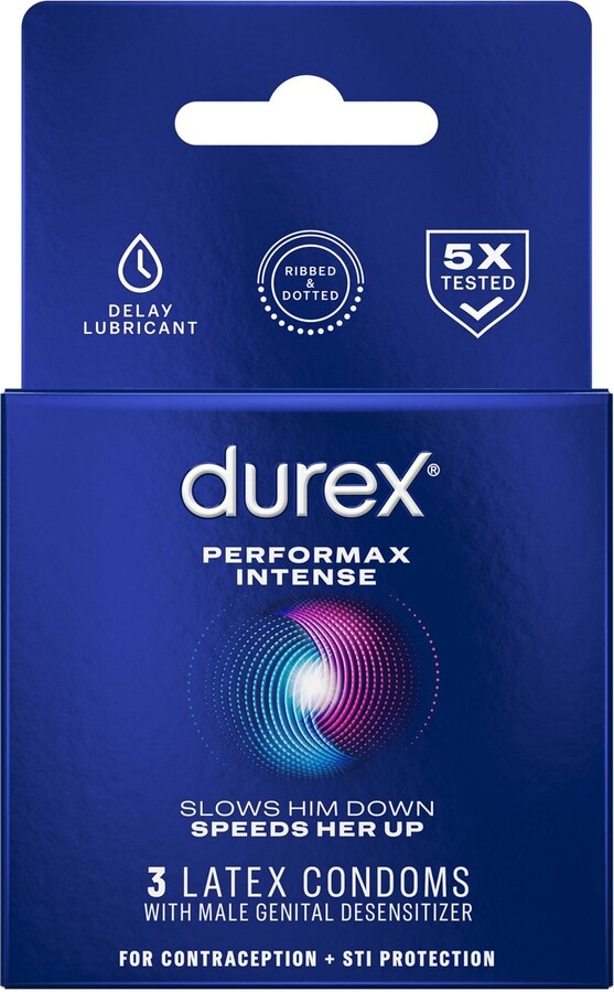 Durex Performax Intense Lubricated Ribbed Dotted Premium Condoms, 3 Count