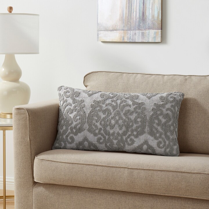 Tahari Home Bristol Damask Cotton Decorative Pillow, 14"x26", White