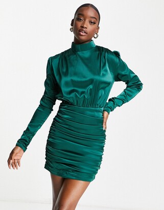Rare London ruched satin mini dress with high neck in emerald green -  ShopStyle