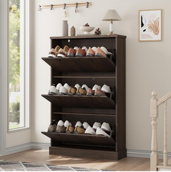 Coolmee Modern3-DoorFlip-DownShoeCabinetwithFlutedDesign.AdjustableShelvesinaNarrowFreestandingOrganizerforEntrywayorHallway.
