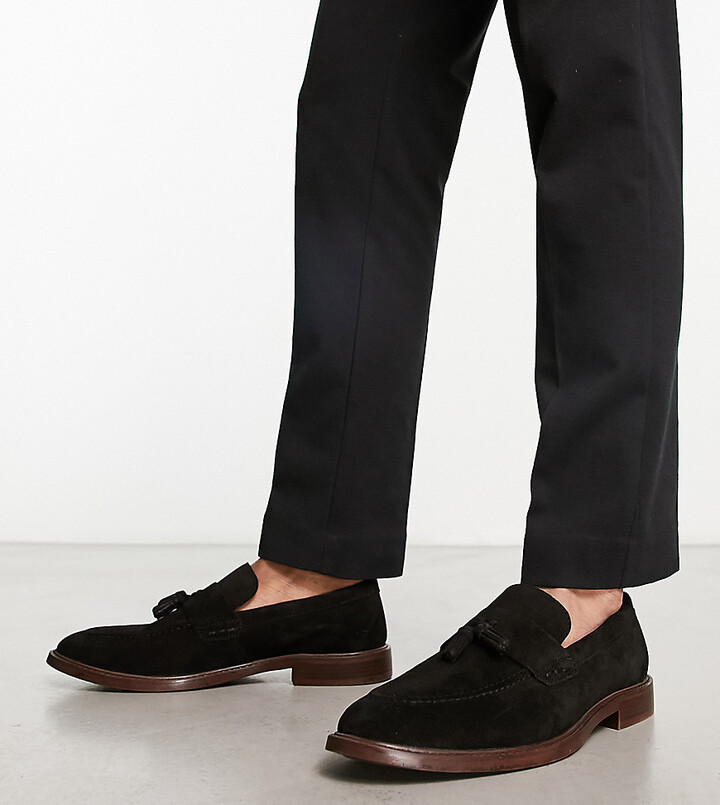 Thomas Crick wide fit suede tassel loafers in black - ShopStyle