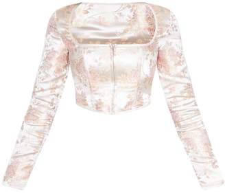PrettyLittleThing Light Pink Satin Oriental Print Zip Front Long Sleeve Corset
