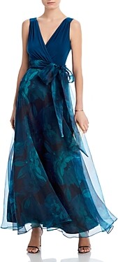 Eliza J Sleeveless Tie Waist Floral Chiffon Ball Gown