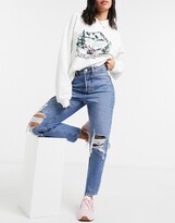 Thumbnail for your product : Stradivarius cotton mom fit vintage ripped jean in medium blue - MBLUE