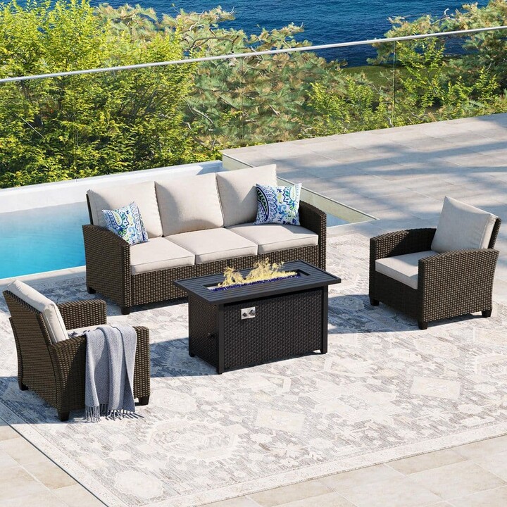DIFY 4-Piece Wicker Outdoor Patio Conversation Set with Metal Fire Pit Table and Beige Cushions