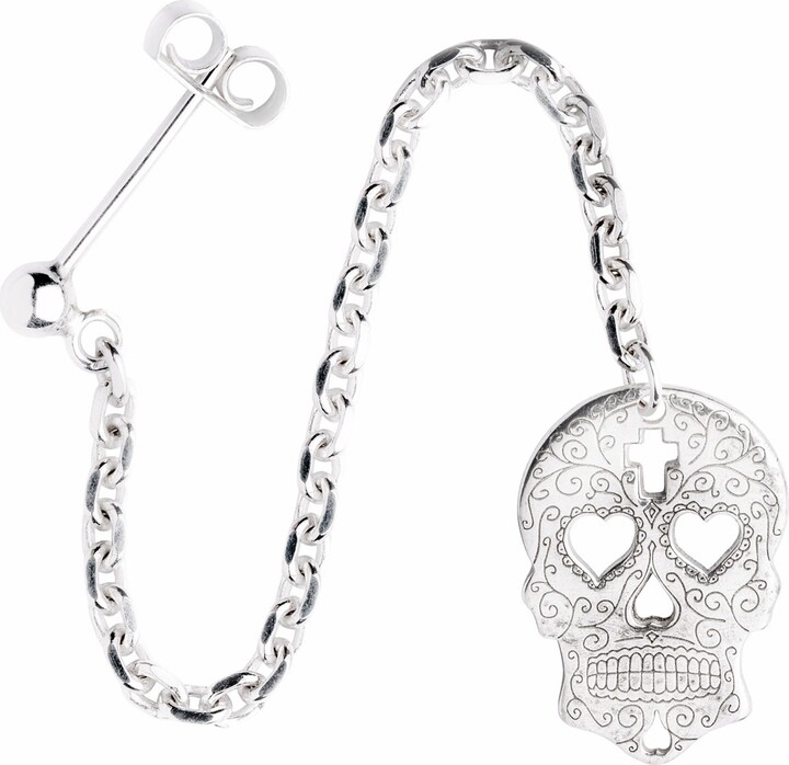Cartergore Silver Sugar Skull With Heart Eyes Single Long Drop Earring