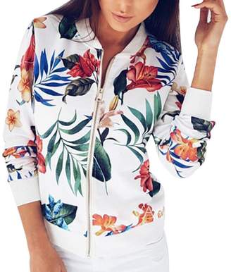 Changeshopping Women Stand Collar Long Sleeve Zipper Floral Printed Bomber Jacket (XXL, )