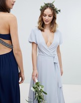 Thumbnail for your product : TFNC Petite Wrap Maxi Bridesmaid Dress With Tie Detail And Puff Sleeves