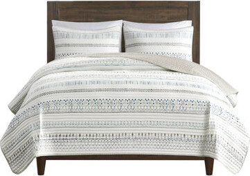 Wovilo 3 Piece Microfiber Seersucker Quilt Taupe/blue Bedding For Bed