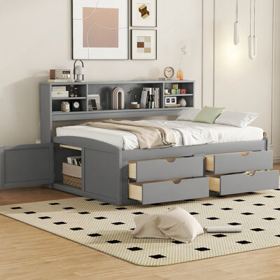 Wood Daybed with 2 Bedside Cabinets, Upper Shelves and 4 Drawers