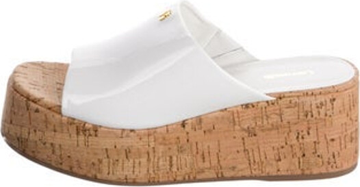 Larroude Patent Leather Slides White Colorblock Pattern Platform