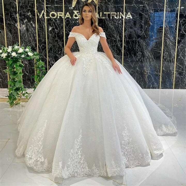 MYYBLE Elegant Off The Shoulder Wedding Dress For Women Lace Applique Glitter Tulle Bridal Gown V Neck A-line Robe De Mariée Customized