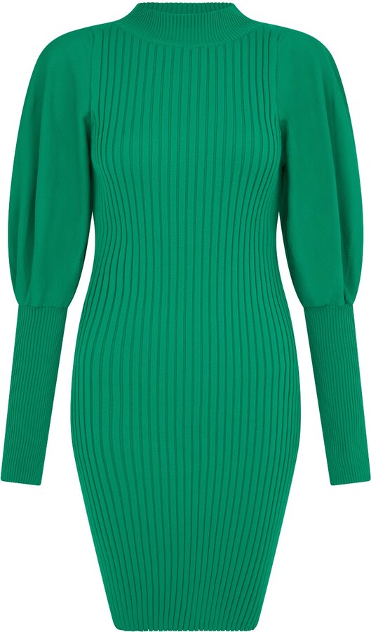 Sour Figs Funnel Neck Puff Sleeve Jumper Dress In Green Haze