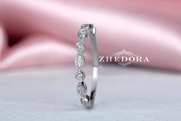 Etsy Half Eternity Diamond Wedding Band Gold Art Deco Band Milgrain Stacking Bridal Ring Gift Rings For Her