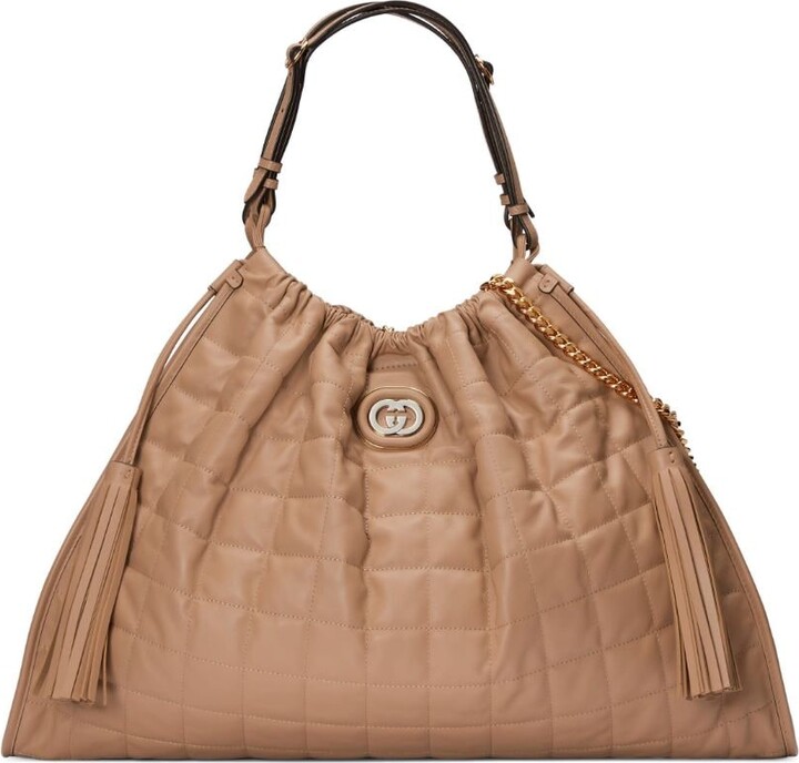 Chanel Drawstring Large Quilted Calfskin Shopping Tote Bag Beige