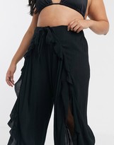 Thumbnail for your product : ASOS DESIGN CURVE ruffle split front beach pants with tie waist