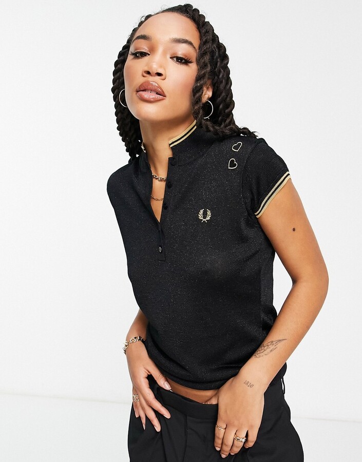 Fred Perry X Amy Winehouse metallic polo top in black - ShopStyle
