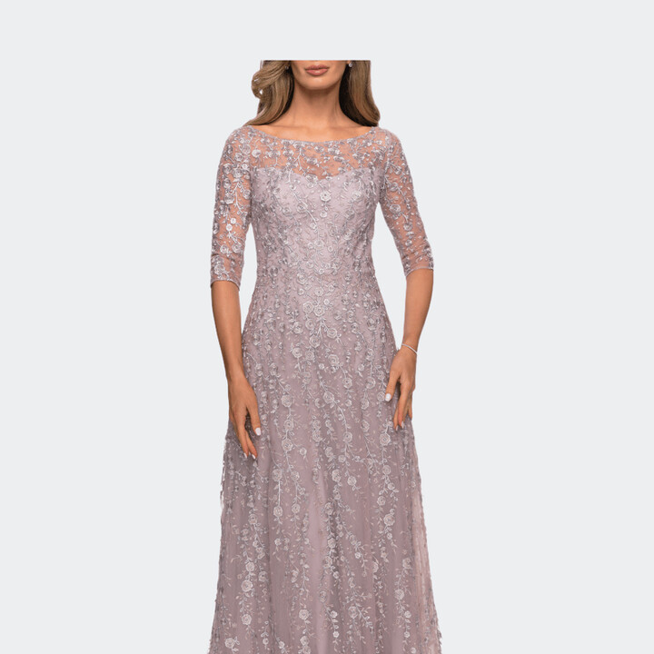 La Femme Floor Length Floral Dress with Three Quarter Sleeves Pink