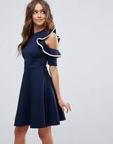 Thumbnail for your product : Club L Cold Shoulder Frill Detail Skater Dress With Piping