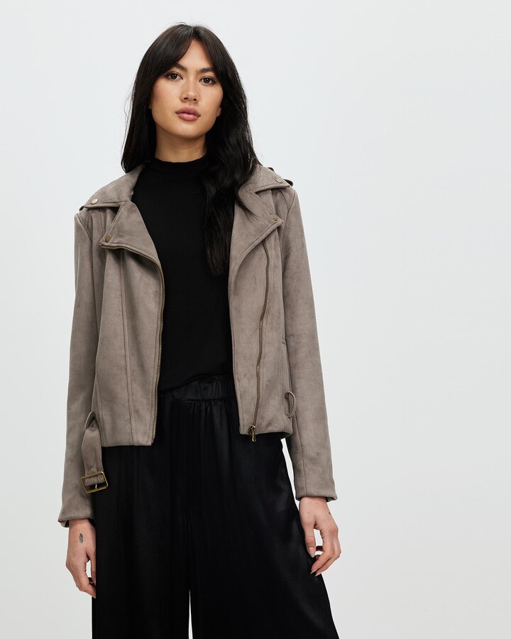 grey biker jacket with fur