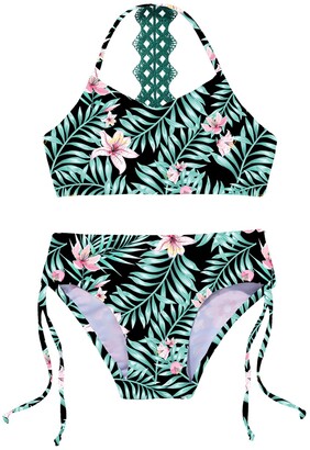 iEFiEL Kids Girls Leaves Print Swimsuti Crop Top + Swim Briefs Beach ...