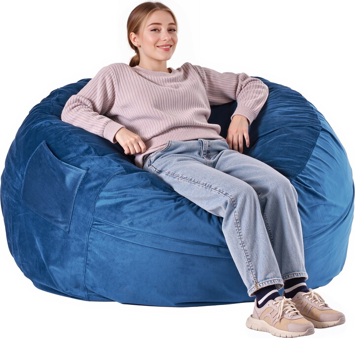 KFFKFF Bean Bag Seat, Circular Lounger with Detachable and Cleanable Cover for Grown-ups, Plush Velvet and Dense Foam Stuffed Adult Lounger with Grip and Side Compartment for Lounge, Boudoir, Azure