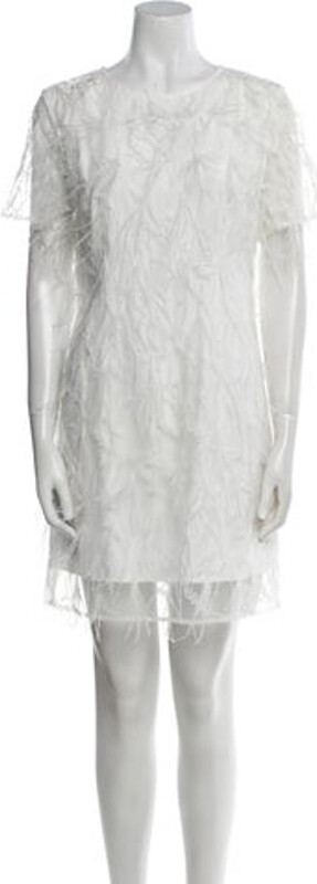 Milly Shift Dress White Feather & Mesh Accents Short Sleeve with Bateau Neckline Concealed Zip Closure at Back Designer