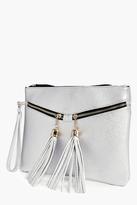 Thumbnail for your product : boohoo Aaliyah Metallic Tassel Zip Clutch Bag