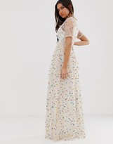 Thumbnail for your product : Frock and Frill floral and bird embroidered maxi dress in allover rainbow polka print